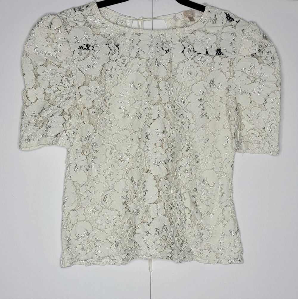 WAYF Ivory Lace Puff Sleeve Romantic Coquette Blouse XS